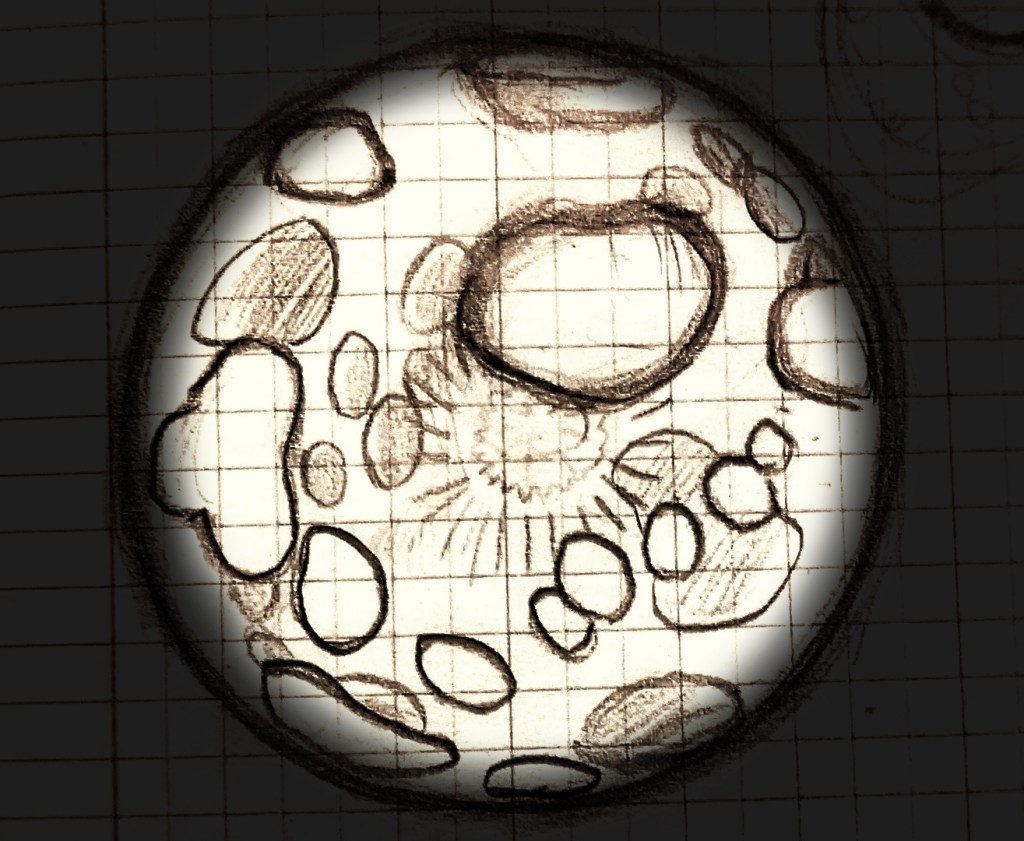 drawing of a world made of floating islands revolving around a bright core. hakim da boves